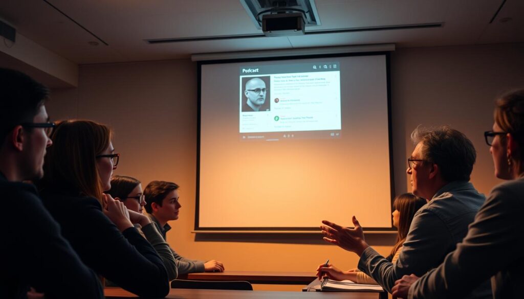 A classroom setting with students and a lecturer engaged in a lively discussion, their faces illuminated by the soft glow of a large projection screen showcasing a podcast interface. The room is bathed in a warm, contemplative light, with subtle shadows adding depth and dimension. The students lean forward, their expressions attentive and intrigued, as the lecturer gestures animatedly, underscoring the impact of the podcast material on the learning process. The overall atmosphere conveys a sense of intellectual exploration and the transformative power of this new educational medium.