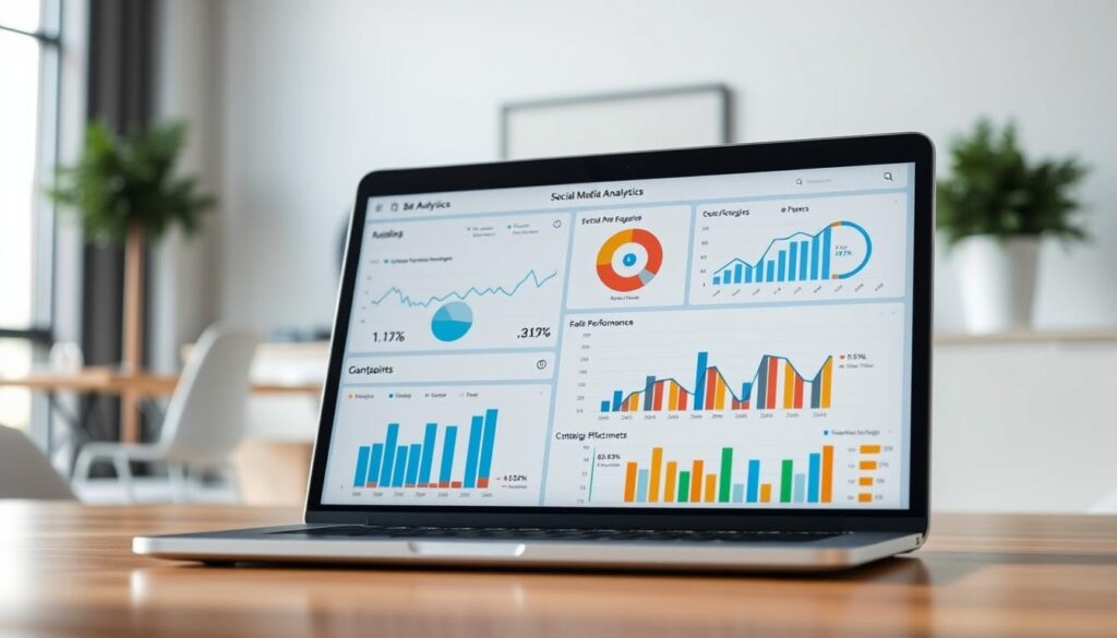 A close-up shot of various social media analytics dashboards and charts displayed on a laptop screen, set against a blurred background of a modern office space with minimalist decor. The metrics and visualizations showcased should convey insights into social media engagement, audience demographics, content performance, and campaign effectiveness. Soft, natural lighting creates a professional and analytical atmosphere, and the camera angle should emphasize the data-driven nature of the scene. The overall impression should reflect the importance of social media analytics in measuring the success of podcast promotion strategies on campus.