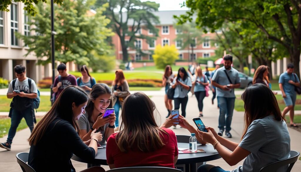 A college campus setting with students interacting on various social media platforms. In the foreground, a group of students seated around a table, their faces illuminated by the glow of their smartphone screens. The middle ground features other students walking by, some engaged with their devices, others conversing. In the background, the campus buildings and lush greenery provide a vibrant backdrop. The scene is bathed in soft, natural lighting, creating a warm and inviting atmosphere. The overall composition conveys the dynamic and interconnected nature of social media engagement within the academic setting.
