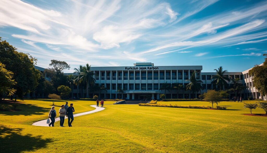 A college campus with a vibrant, lush green landscape. In the foreground, students walking along a winding path, immersed in discussion. In the middle ground, a large, modern academic building with a prominent display of the words "Kurikulum Jejak Karbon" on its facade. The building is bathed in warm, natural lighting, casting shadows that create a sense of depth and dimension. In the background, a clear blue sky with wispy clouds, conveying a sense of serenity and environmental harmony. The overall scene evokes a campus committed to integrating environmental issues and carbon footprint awareness into its curriculum and daily operations.