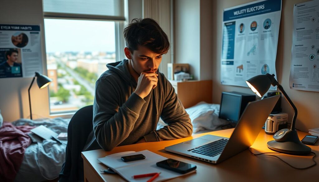 A college dorm room with a laptop, smartphone, and cybersecurity tools on the desk. Soft, warm lighting illuminates the space, creating a focused, studious atmosphere. In the background, a large window overlooks a bustling campus, symbolizing the digital world beyond. On the walls, informative cybersecurity posters and diagrams provide visual cues. The pose of the student, deep in thought, conveys the importance of practicing secure online habits. An air of concentration and dedication permeates the scene, emphasizing the need for diligent cyber hygiene among students.
