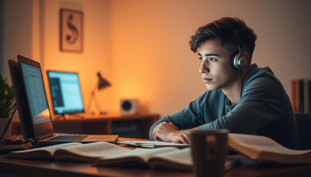 A college student sits at a desk, intently focused on their studies. Soft, ambient music plays in the background, creating a calming, contemplative atmosphere. The lighting is warm and gentle, casting a cozy glow over the scene. In the foreground, open textbooks and notes are arranged neatly, while a laptop and a cup of coffee suggest a dedicated academic pursuit. The student's expression is one of concentration, their face illuminated by the glow of the computer screen. The overall composition conveys the positive impact of music on the student's ability to learn and retain information, supporting their academic performance.