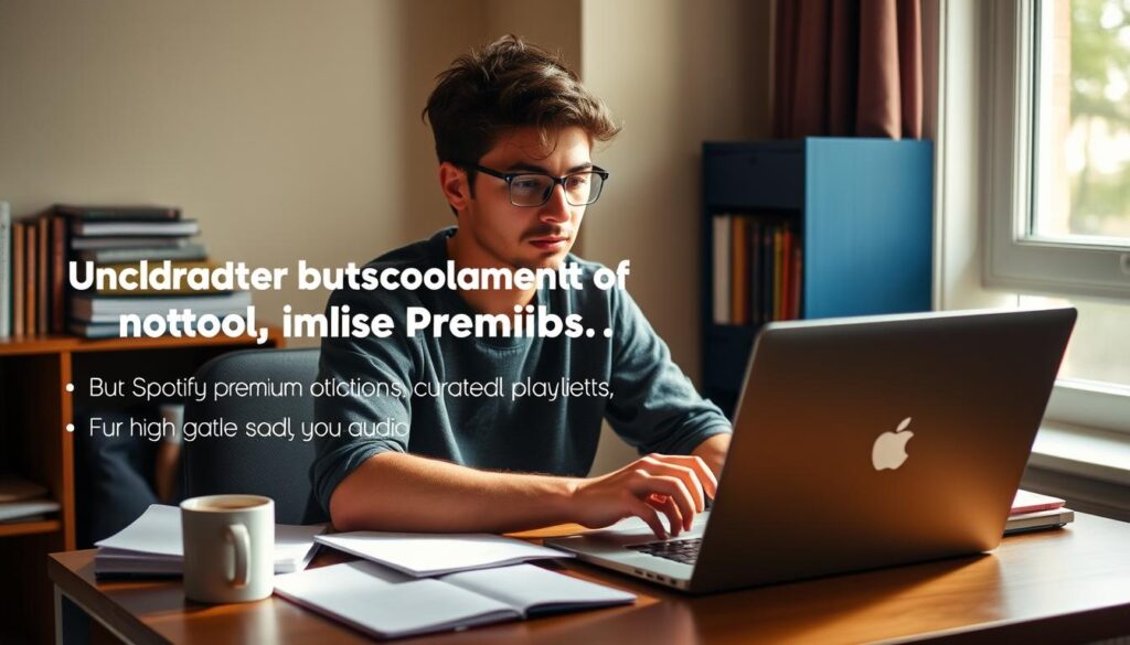 A college student sitting at a desk, intently focused on their laptop, surrounded by study materials and a mug of coffee. Soft, natural lighting from a nearby window creates a warm, productive atmosphere. The student's expression conveys a sense of concentration and efficiency, hinting at the benefits of a Spotify Premium subscription - uninterrupted music, curated playlists, and high-quality audio to enhance their study session. The scene evokes a university dorm or library setting, conveying the academic context relevant to the student audience.