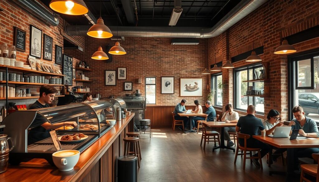 A cozy and inviting coffee shop with a warm, rustic ambiance. The foreground features a wooden counter with a barista preparing a latte, surrounded by an array of pastries and baked goods. In the middle ground, patrons sit at small tables, engrossed in conversation or laptop work, bathed in the soft glow of pendant lighting. The background showcases a brick wall adorned with framed artwork and shelves displaying an assortment of coffee mugs and brewing equipment. Natural light filters in through large windows, creating a welcoming, relaxed atmosphere perfect for a productive work session or leisurely catch-up with friends.