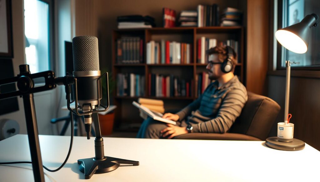 A cozy, dimly lit podcast studio with a warm, inviting atmosphere. In the foreground, a high-quality microphone stands on a sleek, minimalist desk, hinting at the high-quality audio recording taking place. In the middle ground, a person wearing stylish headphones sits comfortably, engaged in a thoughtful discussion. The background features a bookshelf filled with language-learning resources, conveying the educational focus of the podcast. Soft, natural lighting illuminates the scene, creating a sense of intimacy and focus. The overall mood is one of intellectual curiosity and productive language-learning.