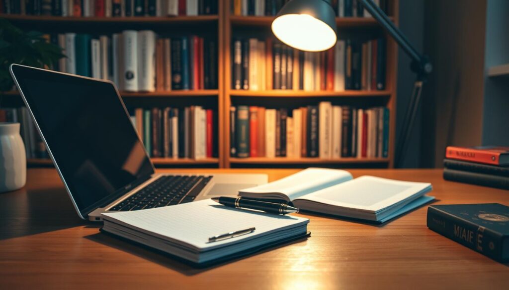 A cozy home office setup with a laptop, notebook, and pen neatly arranged on a wooden desk. The desk is illuminated by a warm, focused light, casting a gentle glow on the scene. In the background, a bookshelf filled with inspiring volumes creates a sense of intellectual pursuit. The atmosphere is one of quiet contemplation, as the viewer imagines jotting down insights from a thought-provoking podcast episode. The overall mood is one of focus, productivity, and the thirst for knowledge.