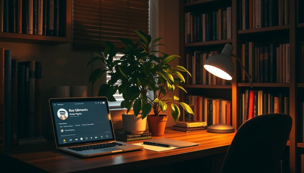 A cozy study nook, bathed in warm, focused lighting. On a wooden desk, a laptop and a stack of books sit alongside a stylized Spotify playlist interface, the screen displaying the title "Rory Gilmore's Study Playlist". The walls are adorned with bookshelves, their volumes hinting at eclectic literary tastes. A lush, verdant potted plant brings a touch of nature to the space, while a retro-inspired desk lamp casts a soft, ambient glow. The overall atmosphere is one of quiet contemplation, an ideal setting for delving into academic pursuits.