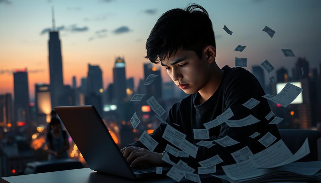 A crowded city skyline at dusk, with towering skyscrapers and bustling streets below. In the foreground, a young student sits at a desk, laptop open, a worried expression on their face as they grapple with financial challenges. Subtle lighting casts dramatic shadows, creating a sense of weight and uncertainty. In the middle ground, a maze of financial documents, bills, and account statements swirl around, reflecting the complexity of modern financial management. The background is hazy, conveying the sense of a rapidly changing digital landscape that adds to the student's burdens. The overall mood is one of tension and unease, capturing the essence of the "Tantangan Keuangan Mahasiswa di Era Digital."