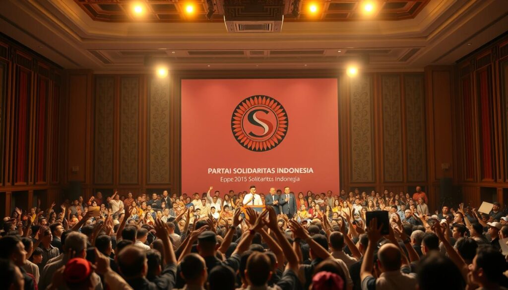 A crowded conference hall, the stage bathed in warm spotlights. Delegates from the Partai Solidaritas Indonesia gather, their faces alight with enthusiasm. In the foreground, the party leaders stand tall, their expressions resolute as they address the assembly. The middle ground is a sea of people, hands raised, chanting slogans. In the background, the party's iconic logo is prominently displayed, framed by the ornate decor of the venue. The overall mood is one of unity, purpose, and a sense of a new chapter unfolding for the party. Crisp, high-resolution, photorealistic.