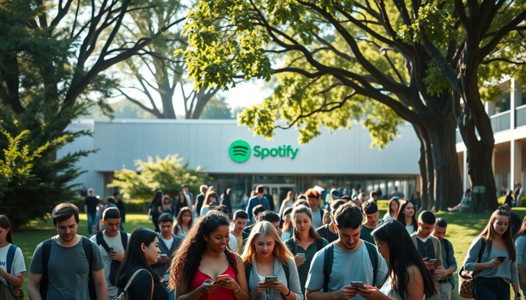 A crowded university campus bustles with activity, students strolling through lush greenery and modern architecture. In the foreground, a group of diverse young adults gathers, engrossed in animated discussions, their faces illuminated by the warm glow of smartphone screens. The middle ground features a sleek, minimalist building with the Spotify logo prominent, signifying the platform's presence on this vibrant academic setting. In the background, towering trees sway gently, casting dappled shadows over the scene, creating a serene and contemplative atmosphere. Crisp, natural lighting filters through, highlighting the energy and engagement of the campus community.