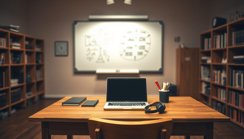 A dimly lit classroom with a wooden desk and chair in the foreground. On the desk, a laptop, a pair of headphones, and various stationery items. In the middle ground, a large whiteboard on the wall, displaying a diagram or illustration related to audio-based educational content. The background is hazy, with bookshelves and other classroom elements visible, creating a sense of depth and focus on the central desk and its digital learning tools. The lighting is warm and inviting, creating a cozy, productive atmosphere for the tutorial creation process.