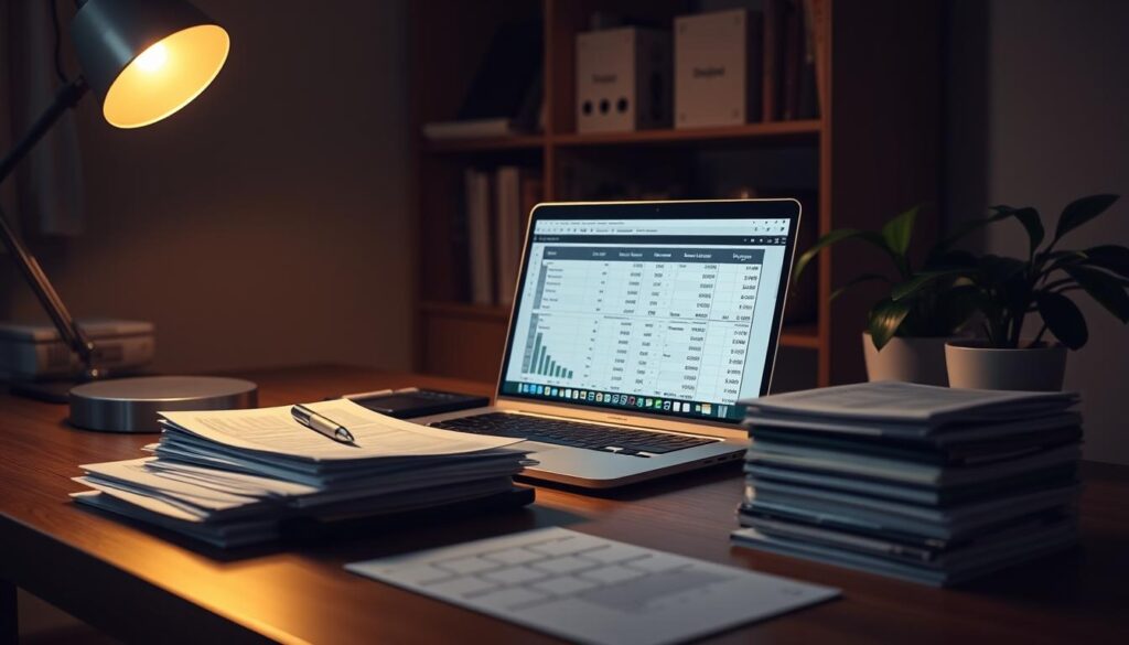 A dimly lit home office, the desk illuminated by a warm desk lamp. Stacks of neatly organized financial documents, a laptop displaying a detailed budget spreadsheet, and a calculator resting on the wooden surface. In the background, shelves filled with accounting books and a potted plant adding a touch of greenery. The scene conveys a sense of focus and control, as the student carefully manages their finances with precision and mindfulness, creating a balanced and sustainable financial future.