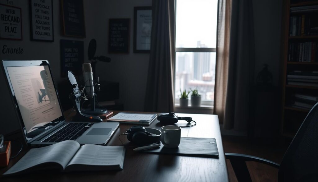 A dimly lit home office, the glow of a laptop and microphone casting a soft light across a cluttered desk. On the desk, an open notebook, a pair of headphones, and a cup of coffee sit ready for the podcast recording session. The walls are adorned with inspirational quotes and shelves filled with books, creating a cozy, creative atmosphere. Through a window, the city skyline can be seen in the distance, hinting at the wider world beyond this intimate space. A sense of focus and preparation pervades the scene, hinting at the podcast production to come.