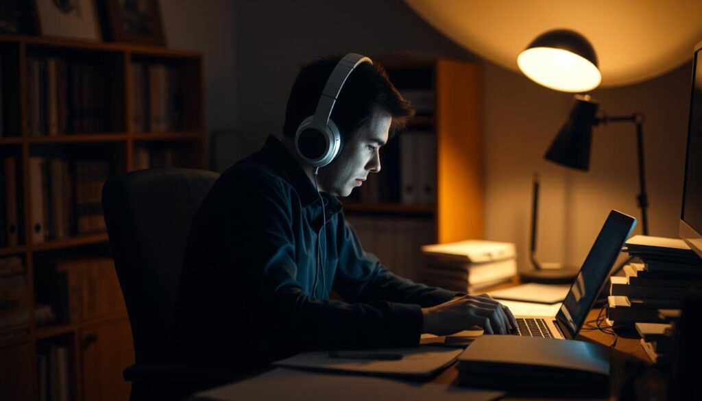 A dimly lit office space, a person sitting at a desk intently focused on a laptop, headphones on their ears, surrounded by books and papers - conveying the act of active, engaged listening for the purpose of public speaking improvement. Soft, warm lighting casts a contemplative mood, hinting at the thoughtful, analytical nature of the "effective listening techniques" being practiced. The scene is captured from a slightly elevated angle, providing a sense of observational insight into this private moment of self-improvement.