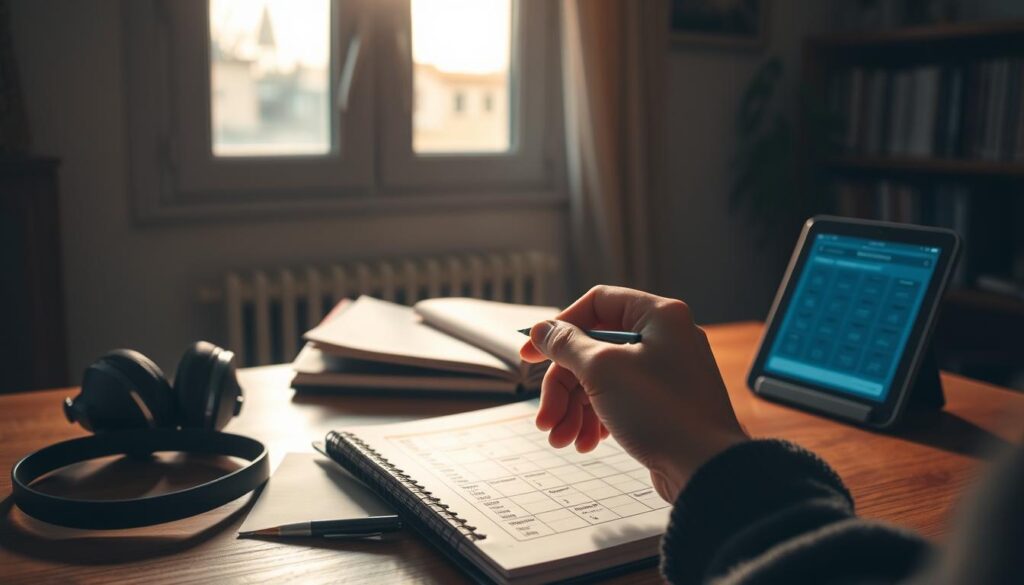 A dimly lit study room, soft natural light filtering through a window, casting a warm glow. On a wooden desk, an open language learning book, a pair of headphones, and a digital device displaying a progress tracking app. In the foreground, a person's hands holding a pen, thoughtfully marking their progress on a chart. The atmosphere is contemplative, with a sense of dedication and self-reflection as the learner measures their growth in mastering a foreign language.