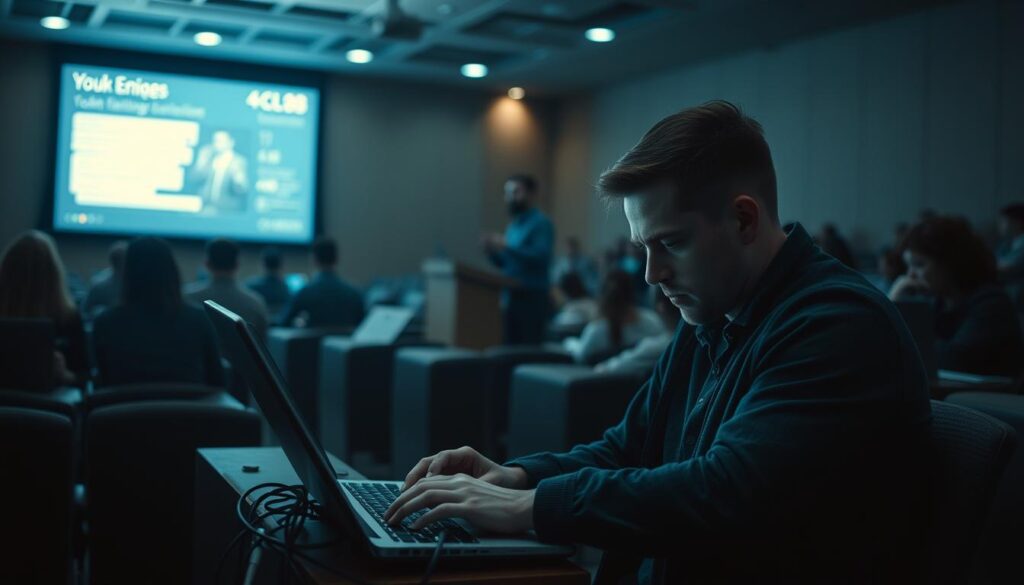 A dimly lit university lecture hall, the air thick with the hum of technology. In the foreground, a student grapples with a laptop, brow furrowed in concentration, surrounded by a swirl of digital distraction - social media feeds, instant messages, and a tangle of cords. In the middle ground, a professor stands at the podium, gesturing emphatically, their lecture slides flickering on the projection screen behind them. The background is a hazy blur of other students, some engaged, others lost in the digital abyss. Shadows and pools of light create an atmosphere of tension, highlighting the disconnect between the analog world of academia and the digital realm encroaching upon it.