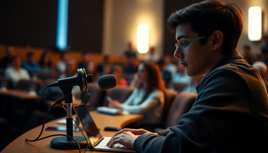 A dimly lit university lecture hall, with students sitting attentively at their desks. On the professor's desk, a high-quality podcast microphone and headphones, conveying the integration of podcast technology into the learning environment. In the foreground, a student intently listening to the podcast on their laptop, their expression one of focus and engagement. The background showcases the university's architectural details, hinting at the academic setting. Soft, warm lighting creates a cozy, contemplative atmosphere, emphasizing the value of podcast-enhanced learning.