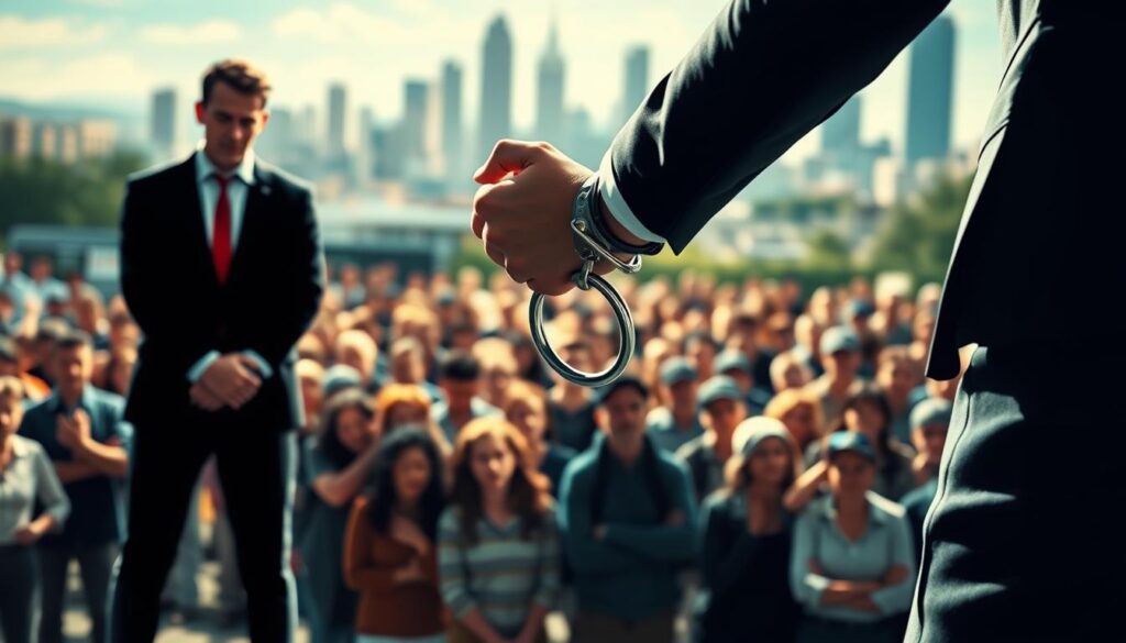 A dynamic scene of a video exposing a fraudulent investment scheme. In the foreground, a stylized illustration of a person being handcuffed, symbolizing the arrest of the perpetrator. In the middle ground, a large group of people in distress, their expressions conveying the social impact and financial loss suffered. In the background, a blurred cityscape, hinting at the wider societal implications. The lighting is dramatic, with shadows and highlights accentuating the tense atmosphere. The overall composition evokes a sense of justice served, but also the lingering consequences of the scam.