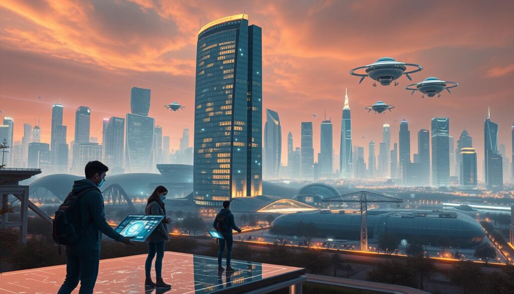 A futuristic university campus nestled in a metaverse landscape. In the foreground, holographic students collaborate on interactive virtual displays, their movements seamlessly integrated with the digital environment. The middle ground features a towering, sleek university building with a transparent facade, showcasing the latest immersive learning technologies. In the background, a vibrant cityscape of floating skyscrapers and hovercraft traffic creates a dynamic, technologically advanced backdrop. Warm, diffused lighting casts a sense of wonder and innovation, while a sense of depth and scale conveys the boundless possibilities of education in the metaverse.