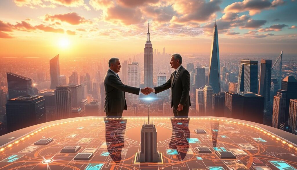 A grand, awe-inspiring scene of the collaborative effort between government and private sector in shaping the metaverse. In the foreground, leaders from both spheres stand united, shaking hands over a gleaming, holographic table displaying intricate 3D models and data visualizations. Behind them, a bustling cityscape rises, its towering skyscrapers and infrastructure intertwined with shimmering digital portals and gateways. The sky above is illuminated by a kaleidoscope of colors, reflecting the boundless potential of this new frontier. Warm, golden lighting casts an inspiring glow, while a sense of momentum and progress permeates the scene. The overall atmosphere conveys a harmonious collaboration toward a shared vision of the metaverse's transformative future.