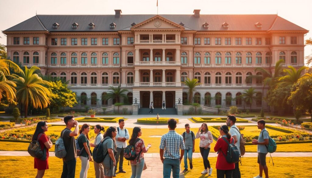 A grand, stately campus building stands tall, its majestic architecture radiating a sense of intellectual rigor and leadership. In the foreground, a group of diverse students engage in lively discussions, their body language exuding confidence and camaraderie. The middle ground features a central courtyard, where students participate in team-building exercises, honing their collaborative skills. The background showcases lush, verdant gardens, symbolizing the nurturing environment fostering personal growth. Warm, golden lighting bathes the scene, creating an atmosphere of inspiration and empowerment. This image encapsulates the campus as a hub for character development and cultivating future leaders, poised to shape a thriving, progressive Indonesia.