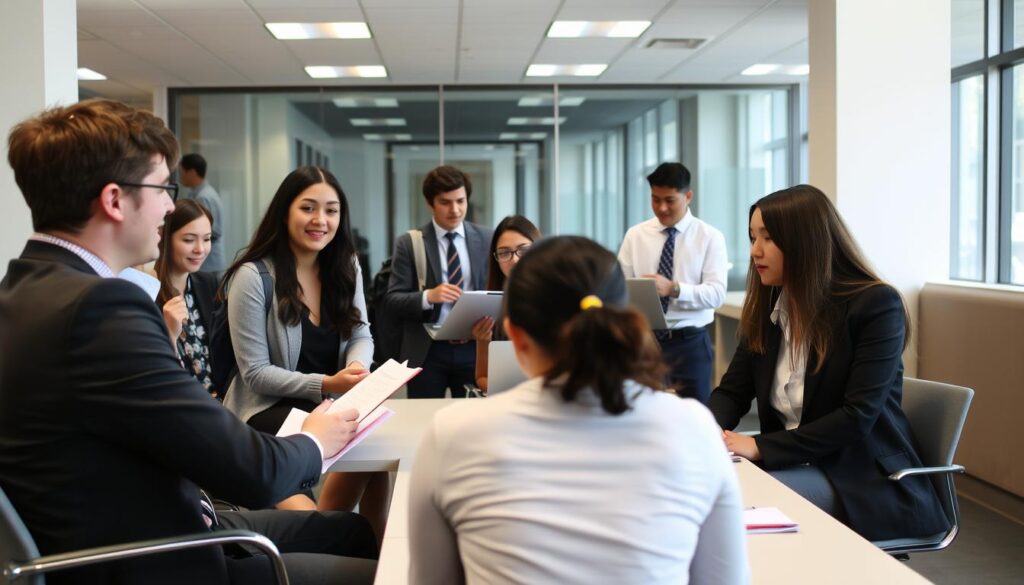 A group of college students preparing for the workforce, dressed in professional attire, gathered in a modern, well-lit office setting. In the foreground, they are engaged in a mock job interview, with one student answering questions confidently while the others observe and take notes. In the middle ground, several students are working on laptops, collaborating on a presentation or project. In the background, a career counselor is providing guidance to a student, discussing job search strategies and resume building. The overall atmosphere conveys a sense of focused determination, as the students take proactive steps to transition from academia to the professional world.