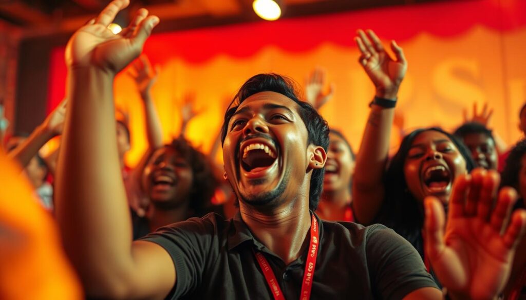 A group of enthusiastic PSI party members, their faces alight with excitement, as they energetically chant and sway in unison. The scene is captured with a dynamic, close-up perspective, emphasizing the fervent, collective spirit. Warm, vibrant lighting casts a celebratory glow, while the background is blurred, keeping the focus on the passionate, animated supporters. The image conveys the palpable enthusiasm and unwavering loyalty of the PSI party's dedicated base, ready to rally behind their leader with unwavering support.