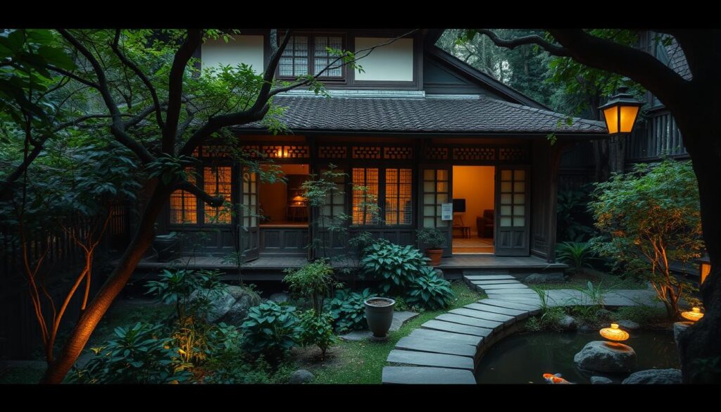 A hidden tea house nestled in a lush, verdant garden, its traditional architecture blending seamlessly with the surrounding foliage. Warm, muted lighting filters through delicate paper screens, casting a cozy, intimate glow over the tranquil scene. Weathered wooden beams and intricate carved details hint at the establishment's history and the care with which it has been maintained. A winding stone path leads visitors through a serene koi pond, inviting them to step inside and experience the calming ambiance of this secluded sanctuary. The air is thick with the fragrance of freshly brewed tea and the gentle hum of conversation, transporting the senses to a world far removed from the bustling city outside.