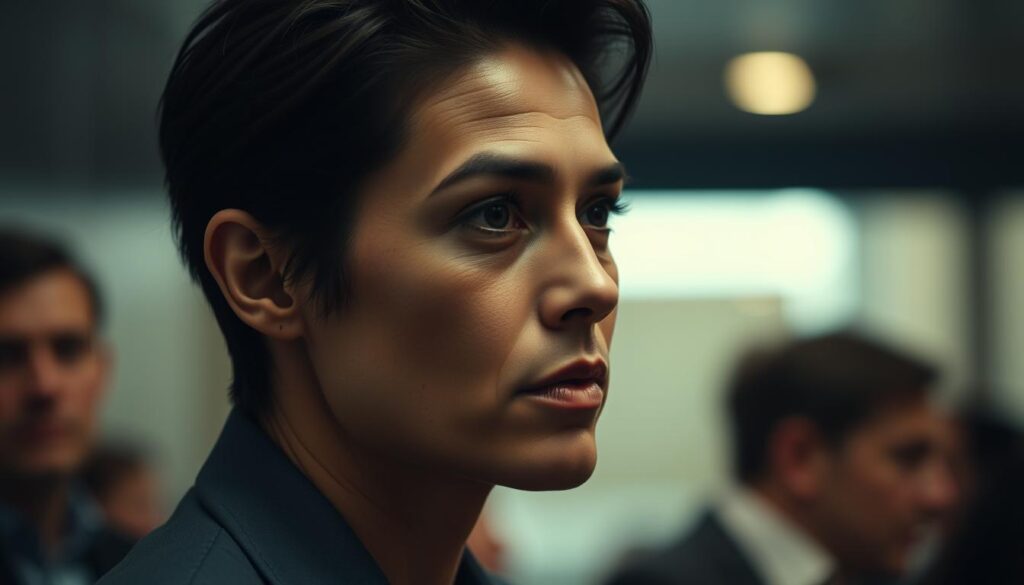 A high-quality video analysis of a celebrity's latest appearance, captured through a cinematic lens. The frame showcases the subject in a thoughtful, contemplative pose, with a subtle interplay of light and shadow accentuating their features. The background blurs gently, drawing the viewer's attention to the central figure, whose expression conveys a sense of poise and introspection. The composition is balanced, with a sense of tension and drama that invites the viewer to consider the nuances of the subject's public persona and the public's reaction to it.