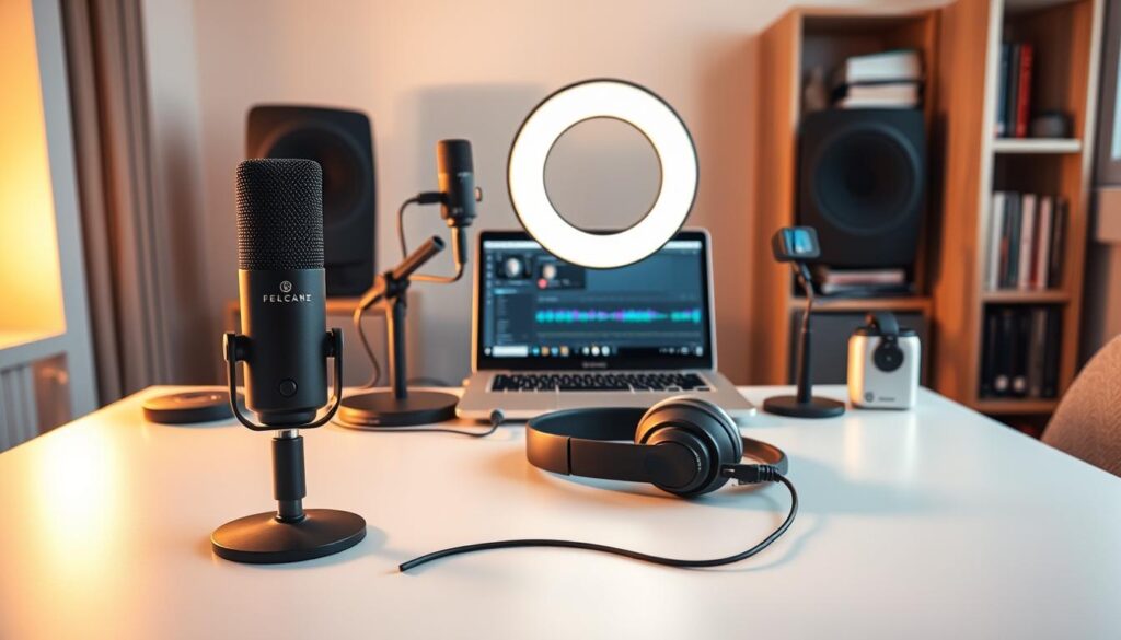A neatly arranged desktop showcasing the essential tools for a professional learning podcast setup. In the foreground, a high-quality USB microphone and a pair of studio headphones sit atop a sleek, modern desk. In the middle ground, a slim, powerful laptop, its screen displaying audio editing software, is flanked by a ring light and a small, adjustable camera for recording high-quality video. In the background, a minimalist bookshelf houses reference materials and sound-dampening panels, creating a professional, well-equipped podcast studio. Warm, directional lighting from the ring light and natural window illumination lend a cozy, inviting atmosphere to the scene.