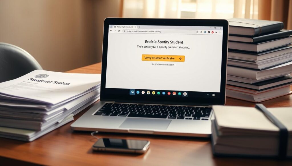 A neatly arranged office desk with a laptop, smartphone, and stack of official documents. The laptop screen displays a university student verification website, with a prominent "Verify Student Status" button. Warm, natural lighting illuminates the scene, creating a professional and authoritative atmosphere. The composition emphasizes the ease and convenience of the student verification process, reflecting the article's focus on the simple activation of Spotify Premium Student.