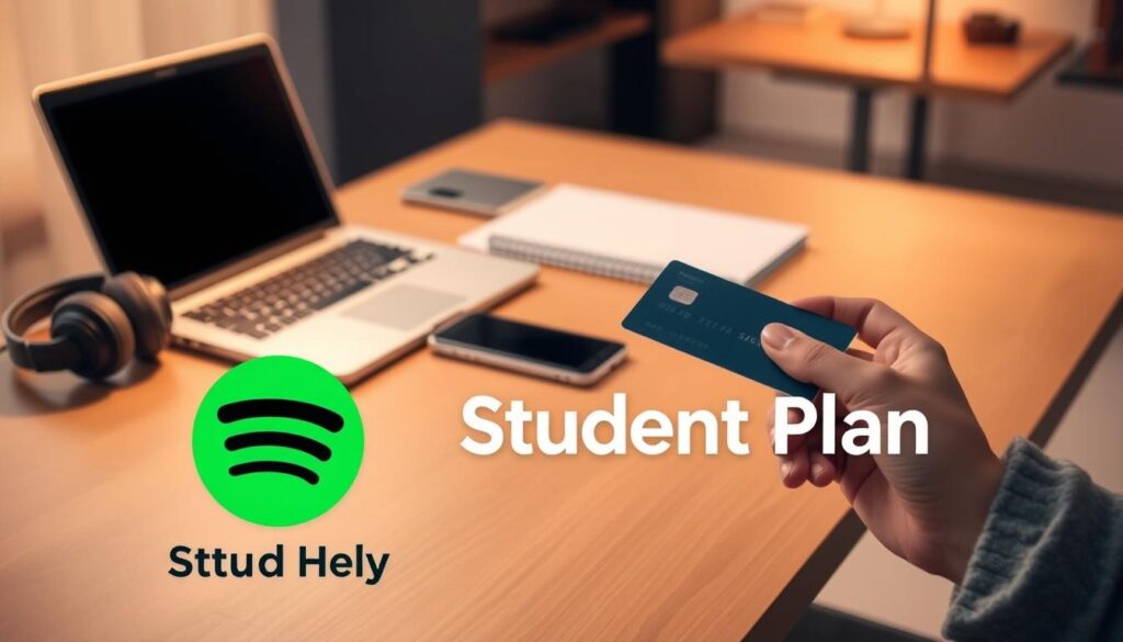 A neatly organized workspace with a laptop, smartphone, and headphones on a wooden desk. Soft, warm lighting illuminates the scene, creating a cozy, focused atmosphere. In the foreground, a stylized Spotify logo stands prominently, conveying the Spotify Student Plan as the central focus. The middle ground features a hand holding a credit card, representing the subscription process. The background showcases a blurred, modern interior, emphasizing the digital, technology-driven nature of the Spotify experience. The overall composition guides the viewer's attention to the key elements of the Spotify Student Plan subscription.