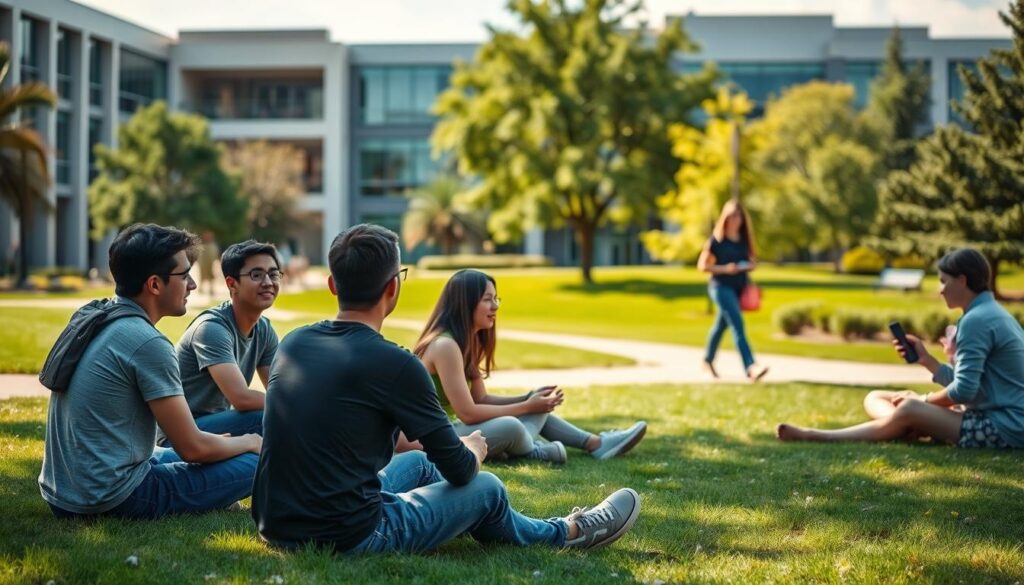 A peaceful university campus on a sunny day, with students gathered in small groups, engaged in deep conversation. In the foreground, a group of young adults sit cross-legged on the grass, their faces reflecting a sense of introspection and emotional well-being. The middle ground features a student walking alone, lost in thought, while others participate in various activities, such as reading, sketching, or simply enjoying the tranquil atmosphere. The background showcases the campus architecture, with modern buildings and lush greenery, creating a calming and restorative environment. The lighting is soft and natural, casting a warm glow over the scene, and the camera angle is slightly elevated, offering a panoramic view that captures the sense of community and mental wellness.