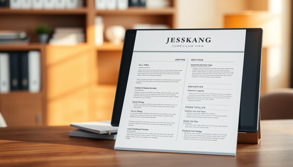 A professional, minimalist resume design displayed on a wooden desktop, lit by warm, natural lighting. The layout features clean typography, elegant section dividers, and a subtle color palette that conveys a sense of sophistication. In the background, a blurred bookshelf or office decor creates a refined, corporate ambiance. The overall impression is one of a well-organized, visually appealing curriculum vitae that would make a strong first impression on a potential employer.