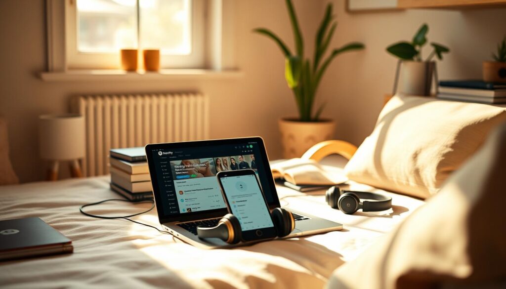 A serene, clutter-free environment with a laptop, smartphone, and headphones showcasing the uninterrupted focus and distraction-free experience of Spotify Premium Student. The scene is bathed in warm, natural lighting, creating a cozy and inviting atmosphere. The minimal, modern decor reflects the clean, unobtrusive nature of the premium streaming service. The device screens display the Spotify interface, emphasizing the seamless and ad-free listening experience. The overall composition conveys a sense of productivity, relaxation, and the advantages of a premium subscription for students.
