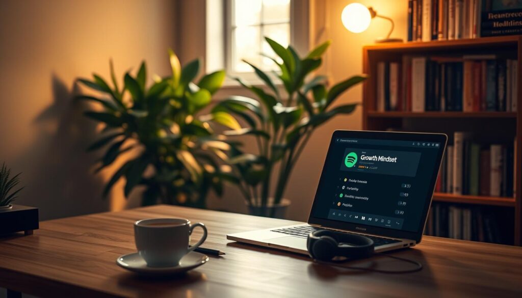 A serene, dimly lit room with a cozy, inviting atmosphere. In the foreground, a wooden desk with a laptop, a cup of coffee, and a pair of headphones. On the laptop screen, a Spotify playlist titled "Growth Mindset" is displayed, featuring a collection of soothing, instrumental tracks. The middle ground features a large, lush, green houseplant, casting a gentle shadow across the desk. In the background, a bookshelf filled with various self-improvement and productivity books creates a sense of focus and growth. Soft, warm lighting emanates from a desk lamp, casting a golden glow throughout the scene, conveying a sense of productivity and inspiration.