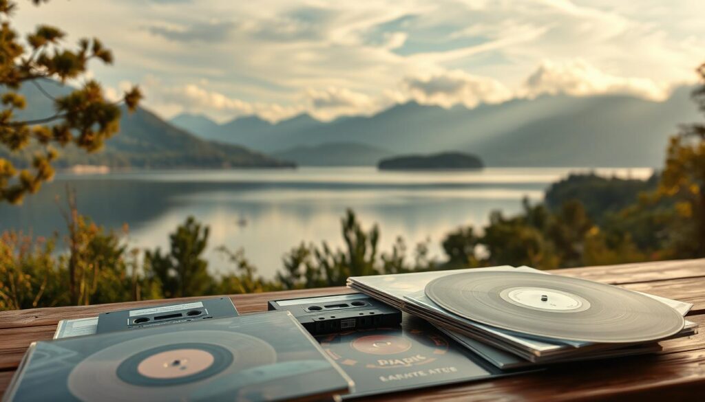 A serene landscape with a tranquil lake, surrounded by lush greenery and towering mountains in the distance. Soft, warm lighting filters through wispy clouds, casting a soothing glow over the scene. In the foreground, a carefully curated collection of music cassettes and vinyl records rests on a wooden table, their album covers displaying a diverse range of musical genres and artists. The arrangement suggests a thoughtfully crafted playlist, inviting the viewer to immerse themselves in the calming, restorative power of music.