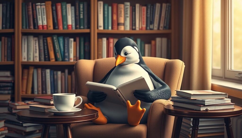 A serene scene of a thoughtful penguin surrounded by self-improvement books and stationery. The penguin sits comfortably in a cozy armchair, a cup of tea on a side table, deeply engrossed in a journal. Soft, warm lighting illuminates the penguin's introspective expression. In the background, a bookshelf filled with titles on personal growth and development. The overall atmosphere conveys a sense of tranquility and focus, inspiring the viewer to embark on their own journey of self-improvement.