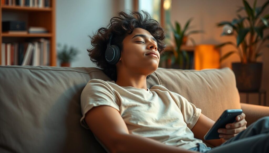 A serene scene of a young adult relaxing on a comfortable couch, eyes closed, immersed in the soothing melodies of their music player. The room is bathed in warm, soft lighting, creating a calming atmosphere. In the background, a bookshelf and potted plants hint at a cozy, study-like setting, further emphasizing the tranquility. The subject's facial expression reflects a sense of inner peace and stress relief, as the power of music envelops them. The composition is balanced, with the figure occupying the central focus, surrounded by the harmonious elements that contribute to their mental well-being.