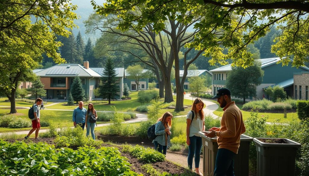 A serene university campus nestled in a lush, verdant landscape. In the foreground, a group of students engage in a hands-on sustainable gardening project, tending to a thriving vegetable patch and compost bin. In the middle ground, modern eco-friendly buildings with solar panels and green roofs blend harmoniously with the natural environment. Towering trees and a meandering path create a tranquil, pedestrian-friendly atmosphere. Soft, diffused natural lighting filters through the canopy, casting a warm, inviting glow. The overall scene conveys a sense of environmental consciousness, education, and a commitment to sustainable living on campus.