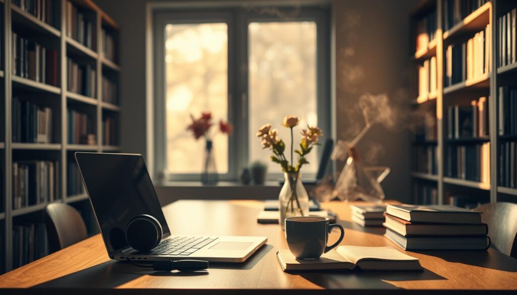 A serene, well-lit study space, bathed in soft, warm lighting. In the foreground, a desk with a laptop, notebook, and a pair of over-ear headphones. Shelves of books line the walls, casting gentle shadows. On the desk, a vase of fresh flowers and a cup of steaming tea. The overall atmosphere is calming, conducive to focused learning while immersed in soothing, instrumental music.