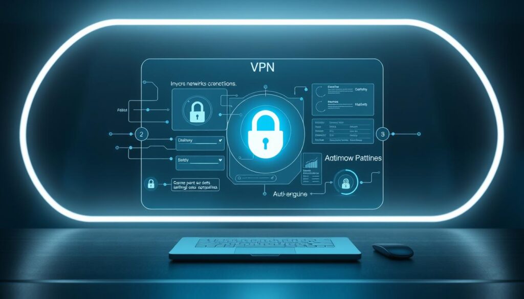 A sleek, futuristic VPN interface with a transparent, holographic display floating above a dark, metallic desk. The interface showcases various network connections, security settings, and data visualization elements in a minimalist, high-tech design. Soft, diffused lighting creates an atmospheric, cerebral ambiance, hinting at the power and complexity of modern cybersecurity technologies. The scene evokes a sense of control, security, and the seamless integration of technology into the digital-savvy student's workflow.