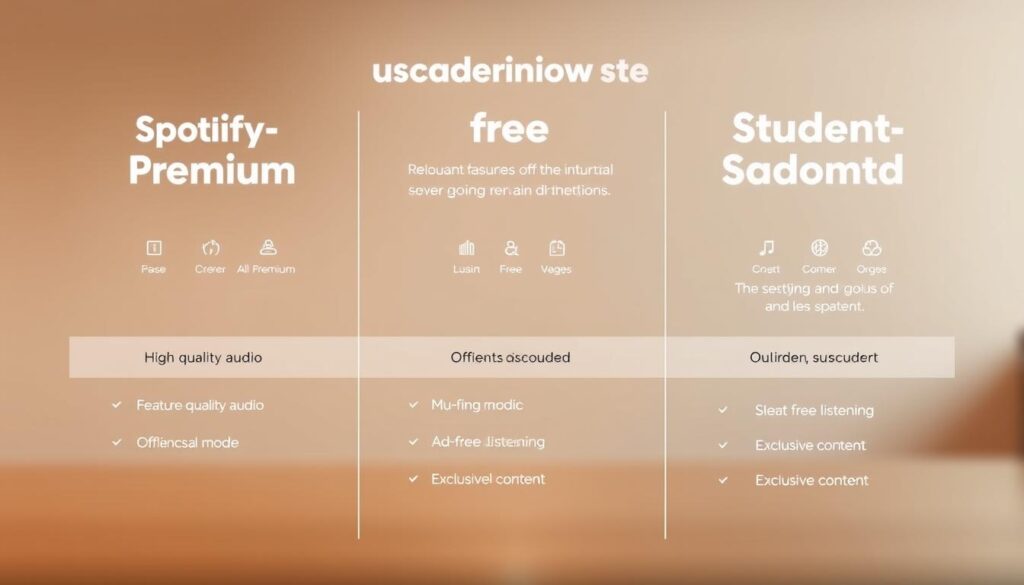 A sleek, high-resolution visual comparison of Spotify's feature-packed Premium, free, and student-discounted subscription plans. Set against a clean, minimalist background, the interface elements are displayed with precision - clean icons, intuitive controls, and vibrant album artwork. Subtle depth-of-field blur draws the viewer's eye to the key differentiating features, such as high-quality audio, offline mode, ad-free listening, and exclusive content. Warm, balanced lighting accentuates the modern, tech-savvy aesthetic, conveying Spotify's premium digital entertainment experience.