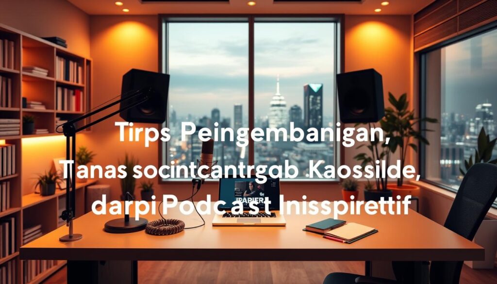 A sleek, minimalist podcast recording studio with warm, ambient lighting. On a modern desk, a high-quality microphone and headphones sit next to a laptop displaying visuals of an inspirational podcast episode. Bookshelves and potted plants create a cozy, intellectual atmosphere, while large windows offer a view of a vibrant city skyline in the background. The overall mood is one of focused creativity and professional development, perfectly encapsulating the "Tips Pengembangan Karier dari Podcast Inspiratif" theme.