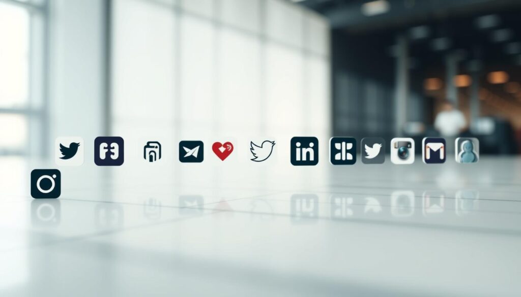 A sleek, modern digital platform showcasing a collection of innovative social media icons. The foreground features stylized app logos and symbols arranged in a visually striking grid layout, conveyed through a minimalist, high-contrast color palette. The middle ground depicts a clean, reflective surface, creating a sense of depth and dimensionality. The background is a softly blurred, gradient-based environment, evoking a sense of digital immersion. The overall composition is captured through a low, slightly elevated camera angle, highlighting the sophisticated, forward-thinking nature of the platform. Crisp, directional lighting accentuates the shapes and textures, lending a sophisticated, professional feel to the scene.