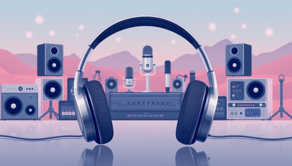 A sleek, modern illustration showcasing the integration of audio technology. In the foreground, a pair of stylish over-ear headphones with clean lines and a metallic finish. In the middle ground, various audio equipment like microphones, sound mixers, and speakers, all arranged in a harmonious, minimalist layout. The background features a softly blurred, gradient-based digital landscape, hinting at the digital realm where audio content is created, shared, and consumed. The overall mood is one of technological sophistication, efficiency, and the seamless fusion of audio and digital mediums.