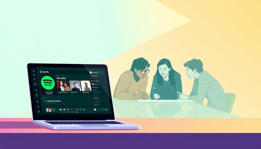 A sleek, modern illustration showcasing the seamless integration of Spotify with a digital learning platform. In the foreground, a stylized laptop screen displays the Spotify interface, with intuitive controls and album art. In the middle ground, a group of students collaborate on a group project, their expressions focused and engaged as they utilize the integrated music streaming service to enhance their learning experience. The background features a clean, minimalist design with abstract shapes and gradients, conveying a sense of technological sophistication. Warm, directional lighting casts a subtle glow, creating a welcoming and productive atmosphere. The overall composition conveys the power of combining music and education to foster a more immersive and stimulating learning environment.