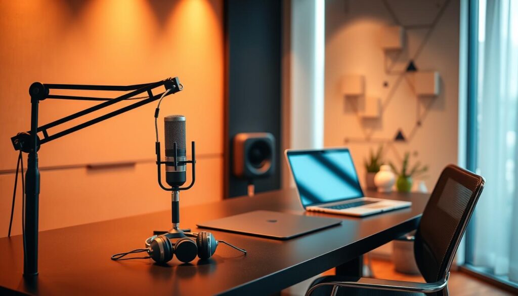 A sleek, modern podcast studio with a microphone, headphones, and a laptop or tablet prominently displayed on a stylish, minimalist desk. The room is bathed in warm, soft lighting, creating a cozy and inviting atmosphere. In the background, a geometric wall design or a subtle, abstract mural adds visual interest. The overall scene conveys a sense of professionalism and focus, perfect for a high-quality English language podcast.