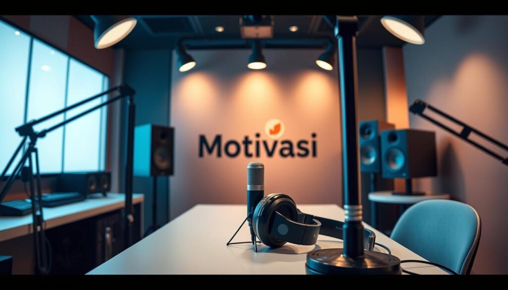 A sleek, modern podcast studio with sophisticated lighting and equipment. In the foreground, a microphone and headphones sit on a clean, minimalist desk. The middle ground features a stylized "Motivasi" graphic, hinting at the inspirational content of the podcast. The background showcases a warm, subdued color palette, creating a calming, focused atmosphere. The scene is captured through a wide-angle lens, emphasizing the professional, high-quality production values of the podcast. Overall, the image conveys a sense of motivation, creativity, and the power of audio content to inspire personal and professional growth.