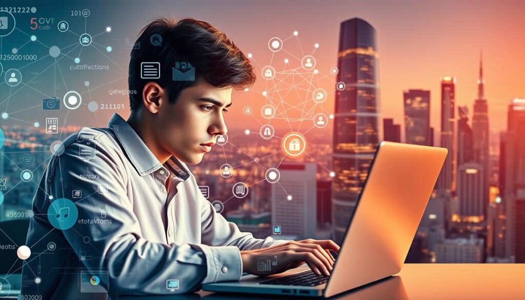 A vibrant, digitally-enhanced scene showcasing the key to academic and career success - digital literacy. In the foreground, a determined student gazes intently at a laptop, fingers flying across the keyboard. Surrounding them, a collage of digital devices, coding interfaces, and virtual documents symbolize the essential skills for navigating the modern academic and professional landscape. In the middle ground, a network of interconnected hubs and circuits pulsates with energy, representing the seamless integration of technology in all aspects of life. The background features a futuristic cityscape, its towering skyscrapers and holographic displays evoking a world driven by digital innovation. Warm, focused lighting illuminates the scene, conveying a sense of confidence and empowerment in embracing digital literacy as the key to success.